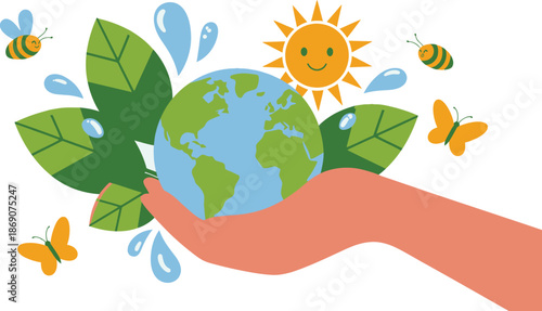 A gentle hand cradling the Earth surrounded by nature elements like sun, leaves, bees, and butterflies
