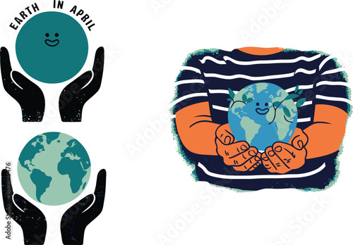 A persons arm wearing a striped shirt delicately holds a vibrant green Earth surrounded by sprouting leaves