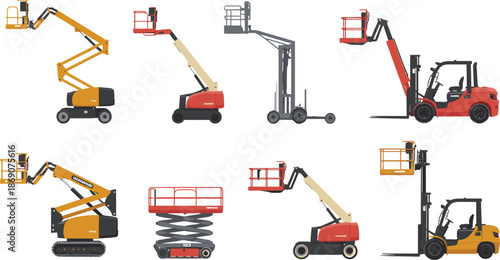 Construction lifting equipment vector illustration set featuring boom lifts scissor lifts forklifts aerial platforms isolated on white background for industry