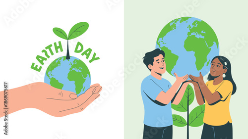A supportive human hand gently cradles a tiny planet Earth with a green plant sprout for Earth Day