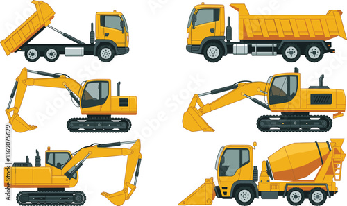 Construction machinery illustration set with dump trucks excavators concrete mixer heavy equipment vehicles for industrial building projects vector design concept