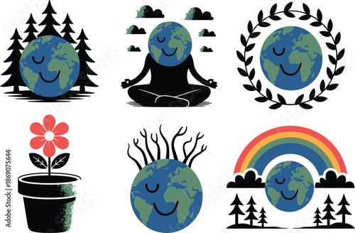 A tranquil cartoon planet Earth with a serene facial expression meditating in a lotus yoga pose