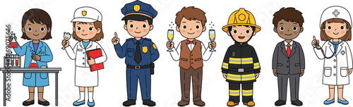 Set of cute diverse children characters in professional uniforms including doctor scientist firefighter chef police and teacher isolated on white background