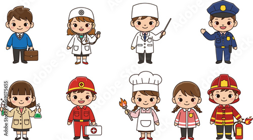 Large collection of cute diverse children characters wearing professional uniforms including doctor firefighter chef scientist police and teacher on white background
