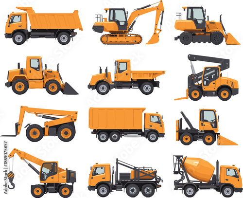 Construction machinery vector illustration set showing trucks excavators loaders cranes concrete mixers heavy industrial vehicles for engineering infrastructure projects design