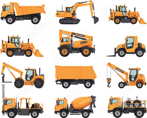 Construction machinery vector set featuring trucks excavators loaders cranes concrete mixers industrial vehicles for engineering infrastructure projects illustration design collection