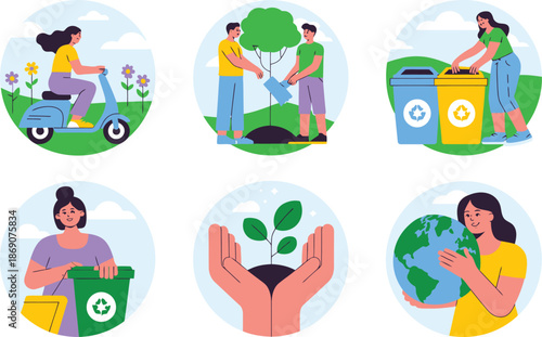 A woman responsibly sorts waste into designated recycling bins promoting environmental preservation