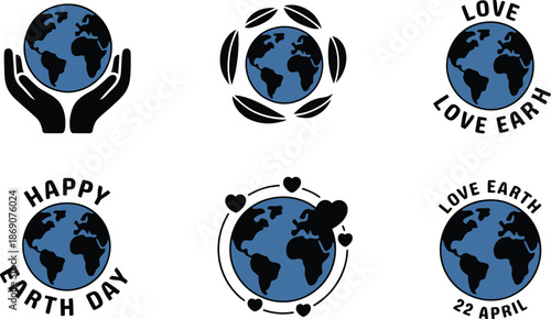 Assortment of six Earth Day icons with globes, hands, leaves, hearts, and various celebratory messages