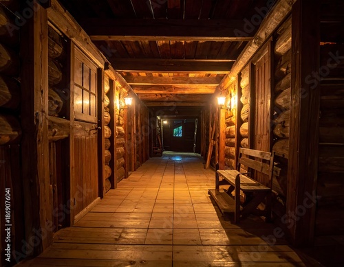 Long, wooden hallway with warm lighting and rustic elements