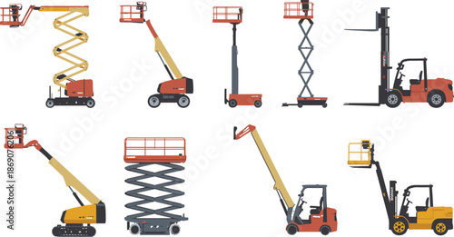 Industrial lifting equipment vector illustration set showing boom lifts scissor lifts forklifts aerial work platforms isolated on white background
