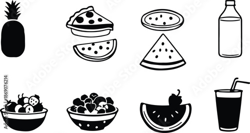 Food and drink icons set featuring fruits desserts pizza watermelon salad juice and beverage items in solid black silhouette vector style