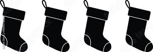 Christmas stocking silhouette icon, festive holiday socks vector, simple black and white design, winter decoration, seasonal clipart isolated