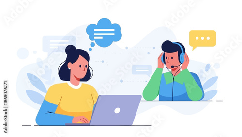 Customer service illustration of a woman and man communicating online with speech bubbles