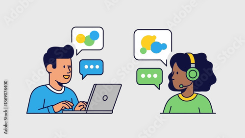 Illustration of a man and woman communicating online via laptop and headset