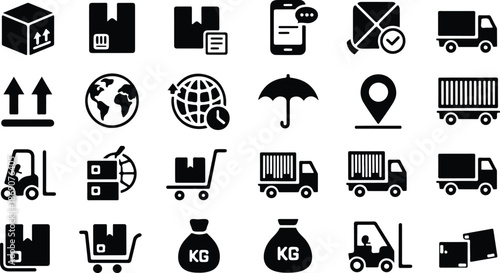 Black and White Shipping and Logistics Icon Set Featuring Packages, Barcode, Trucks, Forklift, Globe, and Delivery Symbols