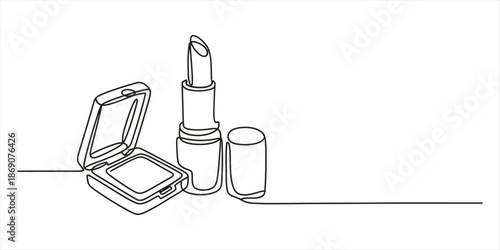 Minimalist one-line art illustration featuring cosmetic products like lipstick and powder Vector, illustration