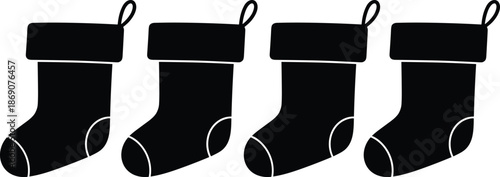 Christmas stocking silhouette vector, holiday socks hanging, festive decoration, black illustration, simple design, isolated on white background, clipart