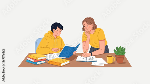 A focused student diligently studies a book while being guided by a supportive instructor at a desk with study materials
