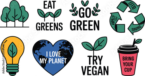 Collection of inspiring eco friendly messages and symbols encouraging sustainable daily practices