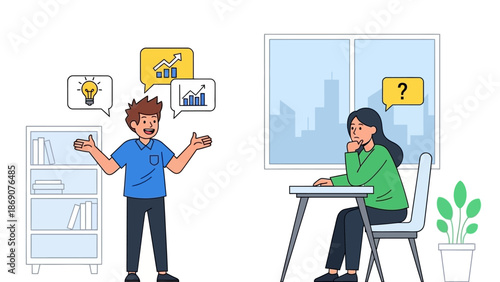 Professional communication scenario A man explains business concepts and data insights, while a woman processes information, seeking understanding and solutions for effective collaboration