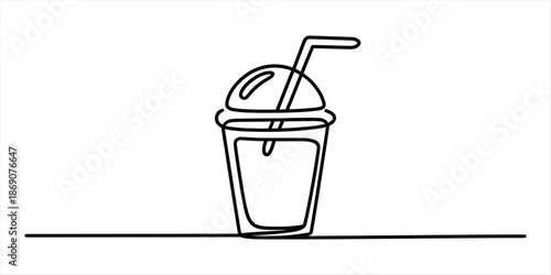 Continuous single line art drawing of a cold drink cup with dome lid and straw Vector, illustration