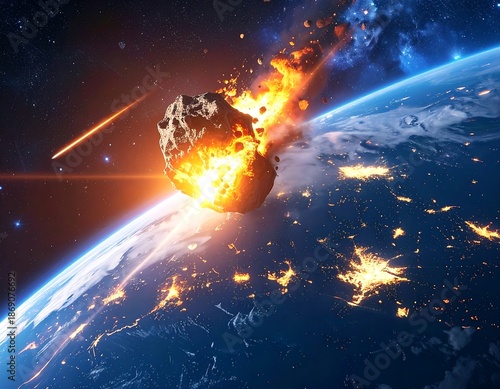 Massive asteroid impact on planet earth, with fire and city lights