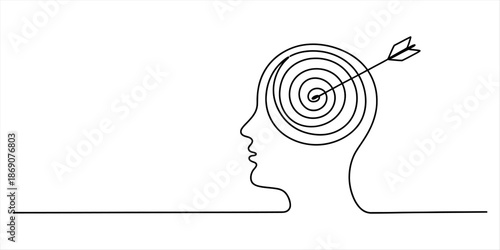 Continuous line drawing representing focus and hitting a goal inside a human head Vector, illustration