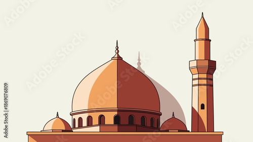 Mosque architecture with dome and minaret, illustrative style, spiritual building, Islamic culture, religious landmark