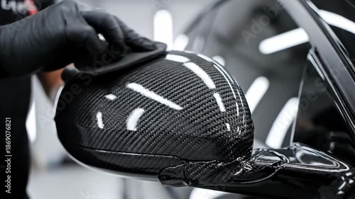 Close up of hands in black gloves applying a carbon fiber wrap to a car's side mirror.
