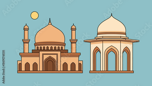 Two distinctive traditional Islamic architectural structures, featuring elegant domes and arched entrances, illustrated in a modern flat vector style, evoking cultural richness and travel imagery