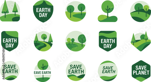 Fifteen green flat icons showcasing trees, rolling landscapes, and globes for Earth Day and planet care