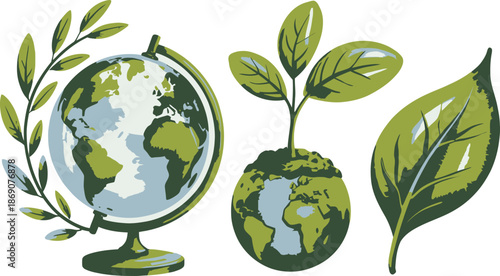 Earth globes and green leaves illustrate global ecology and sustainable plant life concepts