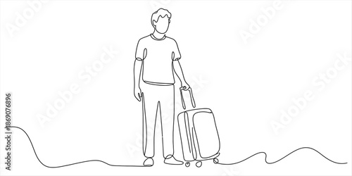 A minimalist single continuous line drawing of a man standing with a rolling suitcase, ready for travel Vector, illustration