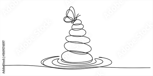 Continuous line drawing of stacked stones with a butterfly on top Vector, illustration