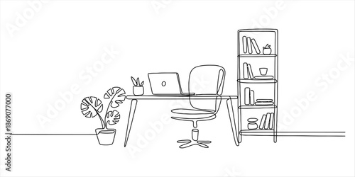 A continuous line art illustration of a home office setup with desk and chair Vector, illustration