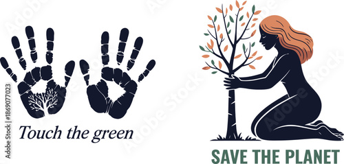Graphic with tree shaped handprints and a woman embracing a tree to save the planet