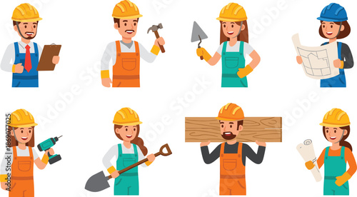 Set of diverse construction workers and engineers in hard hats holding tools, blueprints, and equipment for building and industrial development projects.