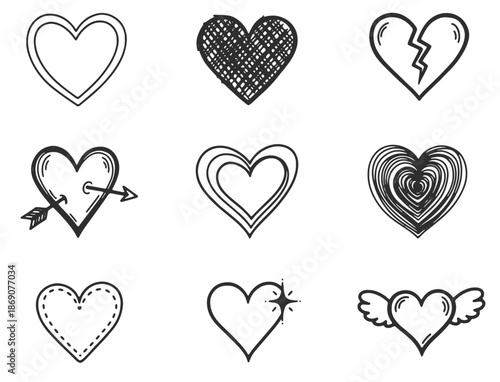 Decorative hand drawn hearts icons vector set for Valentine day