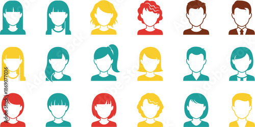 Flat vector illustration set of colorful diverse male and female avatar icons for user profiles, social media, and community community management.