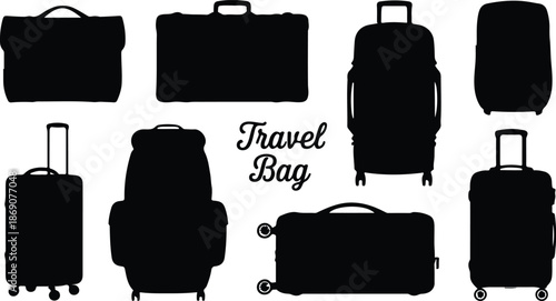 Set of black suitcase and bag silhouettes for travel and luggage icons