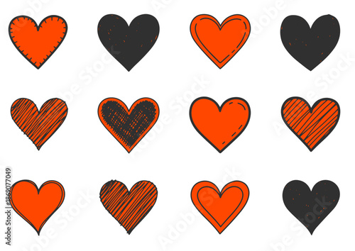 Red and black hand drawn hearts vector set for Valentine day
