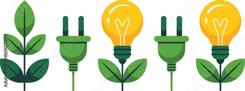 Green energy concepts illustrated with leafy plants, electrical plugs, and glowing light bulbs
