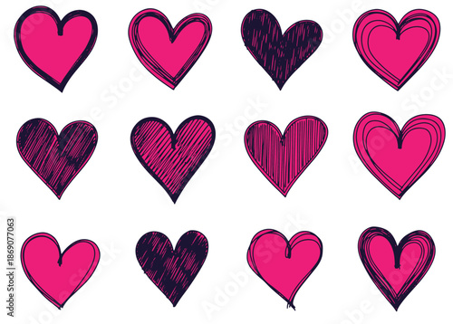 Pink hand drawn heart icons vector set for Valentine day