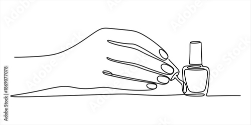 Minimalist continuous line art drawing of a hand interacting with a bottle of nail polish Vector, illustration
