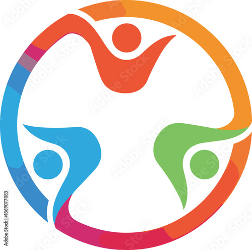 Abstract Circular Logo Featuring Colorful Stylized Human Figures Holding Hands in Unity Representing Global Community Diversity Inclusion and Professional Teamwork Concept
