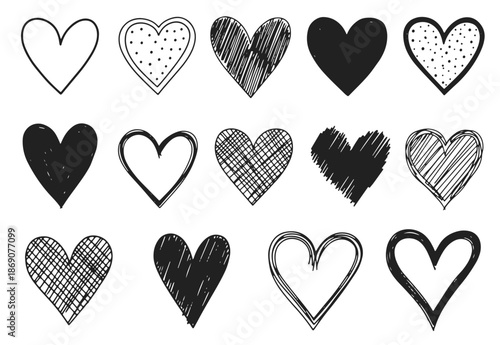 Black hand drawn grunge heart icons vector set for Valentine day