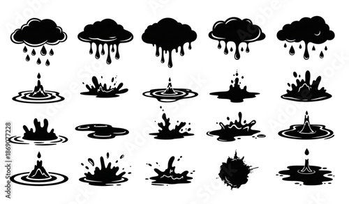 Rain and oil dripping liquid silhouettes black vector set isolated on transparent background