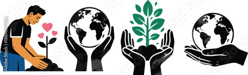 Illustrations show a man planting and hands holding the Earth and thriving green plants