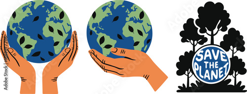 Illustrations showing human hands cradling the globe with leaves and a strong environmental conservation plea