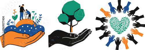 Large hand supports a small hill where tiny people plant and tend to green plants